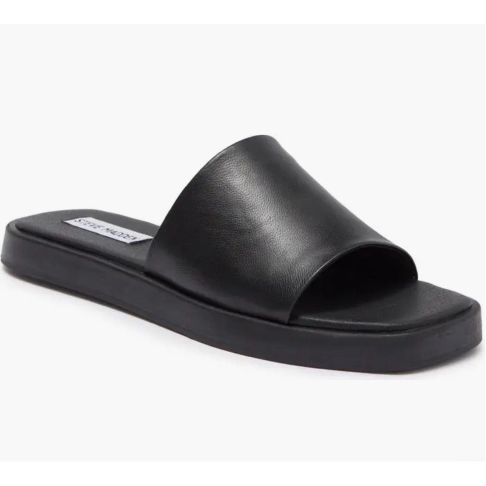 Steve Madden 90s Y2K Style Holmes Leather Slide Flat Sandals Minimalist Black 8 - Picture 2 of 6